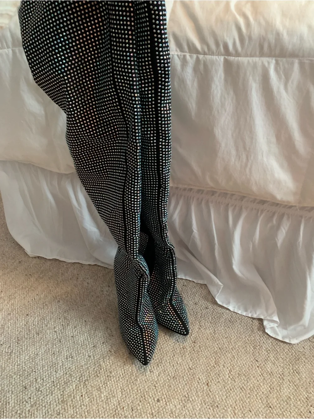 Black Rhinestone Thigh High Stiletto Boots - Sparkle Stretch Shaft